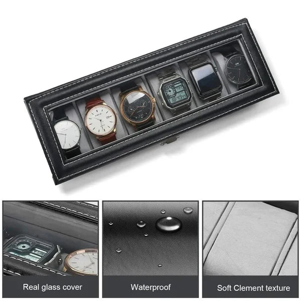 6-Slot PU Leather Wrist Watch Storage Box – Elegant Watch Holder & Display Case Organizer